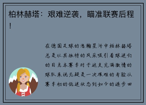 柏林赫塔：艰难逆袭，瞄准联赛后程！