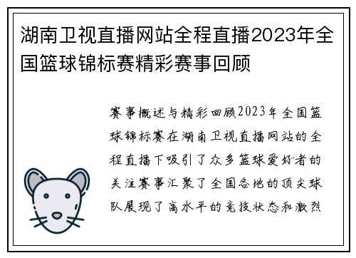 湖南卫视直播网站全程直播2023年全国篮球锦标赛精彩赛事回顾